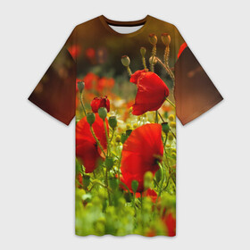 Платье-футболка 3D с принтом Маки в Кировске,  |  | field | flowers | meadow | nature | poppies | poppy | red | summer | wild | красные | лето | луг | мак | маки | поле | полевые | природа | цветы