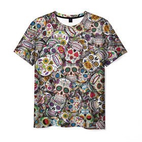 Мужская футболка 3D с принтом Мексиканские черепа в Кировске, 100% полиэфир | прямой крой, круглый вырез горловины, длина до линии бедер | calavera | sugar skull | день мертвых | мексика | традиция | узоры | цветы