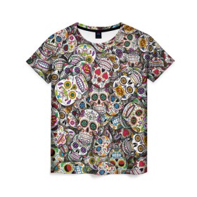Женская футболка 3D с принтом Мексиканские черепа в Кировске, 100% полиэфир ( синтетическое хлопкоподобное полотно) | прямой крой, круглый вырез горловины, длина до линии бедер | calavera | sugar skull | день мертвых | мексика | традиция | узоры | цветы
