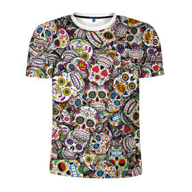 Мужская футболка 3D спортивная с принтом Мексиканские черепа в Кировске, 100% полиэстер с улучшенными характеристиками | приталенный силуэт, круглая горловина, широкие плечи, сужается к линии бедра | calavera | sugar skull | день мертвых | мексика | традиция | узоры | цветы