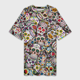 Платье-футболка 3D с принтом Мексиканские черепа в Кировске,  |  | calavera | sugar skull | день мертвых | мексика | традиция | узоры | цветы