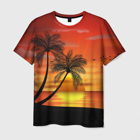 Мужская футболка 3D с принтом Закат 1 в Кировске, 100% полиэфир | прямой крой, круглый вырез горловины, длина до линии бедер | море | отдых | отпуск | пальмы | пляж | солнце | туризм