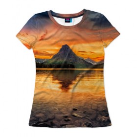 Женская футболка 3D с принтом Гора в Кировске, 100% полиэфир ( синтетическое хлопкоподобное полотно) | прямой крой, круглый вырез горловины, длина до линии бедер | лес | небо | озеро | отражение | пейзаж | природа | солнце