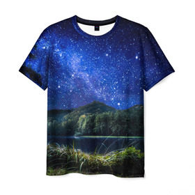 Мужская футболка 3D с принтом Ночная природа в Кировске, 100% полиэфир | прямой крой, круглый вырез горловины, длина до линии бедер | Тематика изображения на принте: горы | звезды | небо | озеро | природа
