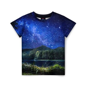 Детская футболка 3D с принтом Ночная природа в Кировске, 100% гипоаллергенный полиэфир | прямой крой, круглый вырез горловины, длина до линии бедер, чуть спущенное плечо, ткань немного тянется | Тематика изображения на принте: горы | звезды | небо | озеро | природа