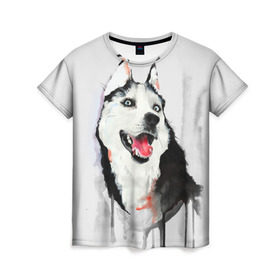 Женская футболка 3D с принтом Хаски в Кировске, 100% полиэфир ( синтетическое хлопкоподобное полотно) | прямой крой, круглый вырез горловины, длина до линии бедер | голова животного | кутёнок | прикольные картинки | собака | щенок