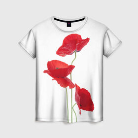 Женская футболка 3D с принтом Маки в Кировске, 100% полиэфир ( синтетическое хлопкоподобное полотно) | прямой крой, круглый вырез горловины, длина до линии бедер | field | flowers | poppies | poppy | red | wild | красные | мак | маки | поле | полевые | цветы