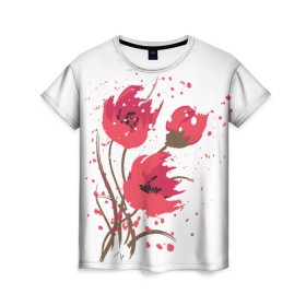 Женская футболка 3D с принтом Маки в Кировске, 100% полиэфир ( синтетическое хлопкоподобное полотно) | прямой крой, круглый вырез горловины, длина до линии бедер | art | drawing | flowers | poppies | poppy | red | wild | wind | арт | ветер | красные | мак | маки | полевые | рисунок | цветы
