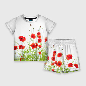 Детский костюм с шортами 3D с принтом Маки в Кировске,  |  | field | flowers | meadow | nature | poppies | poppy | red | summer | wild | красные | лето | луг | мак | маки | поле | полевые | природа | цветы