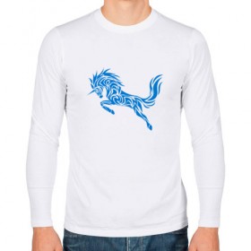 Мужской лонгслив хлопок с принтом Blue unicorn в Кировске, 100% хлопок |  | вектор | грива | единорог | животное | конь | прыгающий | рог | синий | скачущий | существо | тату