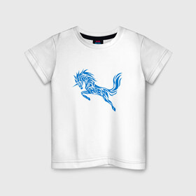 Детская футболка хлопок с принтом Blue unicorn в Кировске, 100% хлопок | круглый вырез горловины, полуприлегающий силуэт, длина до линии бедер | вектор | грива | единорог | животное | конь | прыгающий | рог | синий | скачущий | существо | тату