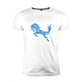 Мужская футболка премиум с принтом Blue unicorn в Кировске, 92% хлопок, 8% лайкра | приталенный силуэт, круглый вырез ворота, длина до линии бедра, короткий рукав | вектор | грива | единорог | животное | конь | прыгающий | рог | синий | скачущий | существо | тату