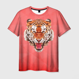 Мужская футболка 3D с принтом Полигональный Тигр в Кировске, 100% полиэфир | прямой крой, круглый вырез горловины, длина до линии бедер | Тематика изображения на принте: красный | полигоны | тигр