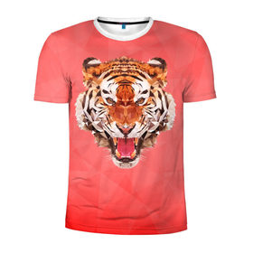 Мужская футболка 3D спортивная с принтом Полигональный Тигр в Кировске, 100% полиэстер с улучшенными характеристиками | приталенный силуэт, круглая горловина, широкие плечи, сужается к линии бедра | Тематика изображения на принте: красный | полигоны | тигр