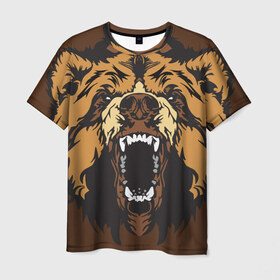 Мужская футболка 3D с принтом Медведь в Кировске, 100% полиэфир | прямой крой, круглый вырез горловины, длина до линии бедер | animal | bear | beast | brown | face | fangs | head | taiga | teeth | wild | бурый | голова | дикий | животное | зверь | клыки | медведь | оскал | тайга