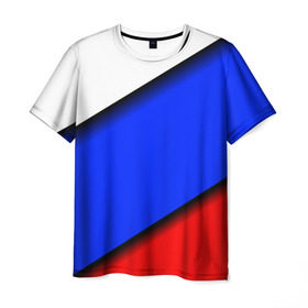 Мужская футболка 3D с принтом Российский флаг в Кировске, 100% полиэфир | прямой крой, круглый вырез горловины, длина до линии бедер | косой | наклонный | триколор