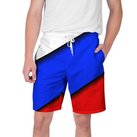 Мужские шорты 3D с принтом Российский флаг в Кировске,  полиэстер 100% | прямой крой, два кармана без застежек по бокам. Мягкая трикотажная резинка на поясе, внутри которой широкие завязки. Длина чуть выше колен | косой | наклонный | триколор
