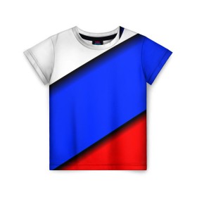 Детская футболка 3D с принтом Российский флаг в Кировске, 100% гипоаллергенный полиэфир | прямой крой, круглый вырез горловины, длина до линии бедер, чуть спущенное плечо, ткань немного тянется | Тематика изображения на принте: косой | наклонный | триколор