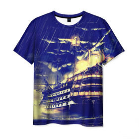 Мужская футболка 3D с принтом Корабль в Кировске, 100% полиэфир | прямой крой, круглый вырез горловины, длина до линии бедер | дождь | парусник | судно | фрегат