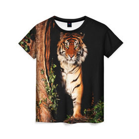 Женская футболка 3D с принтом Тигр в Кировске, 100% полиэфир ( синтетическое хлопкоподобное полотно) | прямой крой, круглый вырез горловины, длина до линии бедер | дикая кошка | лес | природа | тигр | хищник