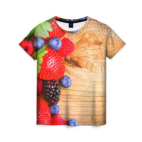 Женская футболка 3D с принтом Ягодки в Кировске, 100% полиэфир ( синтетическое хлопкоподобное полотно) | прямой крой, круглый вырез горловины, длина до линии бедер | красная | малина | новая | ягода | ягодная