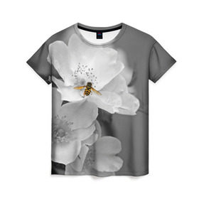 Женская футболка 3D с принтом Пчела на цветах в Кировске, 100% полиэфир ( синтетическое хлопкоподобное полотно) | прямой крой, круглый вырез горловины, длина до линии бедер | лепестки | цветы