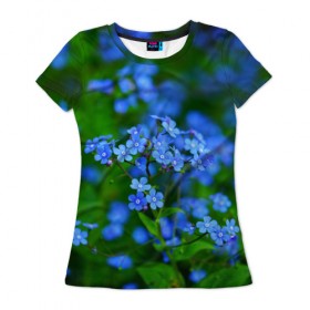 Женская футболка 3D с принтом Синие цветы в Кировске, 100% полиэфир ( синтетическое хлопкоподобное полотно) | прямой крой, круглый вырез горловины, длина до линии бедер | лепестки | прикольные картинки | цветочки | цветы
