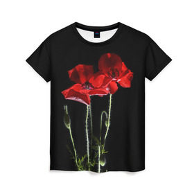 Женская футболка 3D с принтом Маки в Кировске, 100% полиэфир ( синтетическое хлопкоподобное полотно) | прямой крой, круглый вырез горловины, длина до линии бедер | background | black | flowers | poppies | poppy | red | wild | красные | мак | маки | полевые | фон | цветы | черный