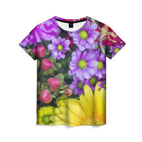 Женская футболка 3D с принтом Роскошные цветы в Кировске, 100% полиэфир ( синтетическое хлопкоподобное полотно) | прямой крой, круглый вырез горловины, длина до линии бедер | аромат | астры | букет | вазон | великолепие | гвоздики | гиацинт | гортензия | калла | краски | красота | куст | лилия | орхидея | пион | подсолнух | полевые цветы | природа | растения | розы | ромашки