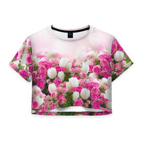 Женская футболка 3D укороченная с принтом Нежные розы в Кировске, 100% полиэстер | круглая горловина, длина футболки до линии талии, рукава с отворотами | аромат | букет | вазон | великолепие | краски | красота | куст | нежность | природа | растения | розы | украшение | фауна | цветник | цветы