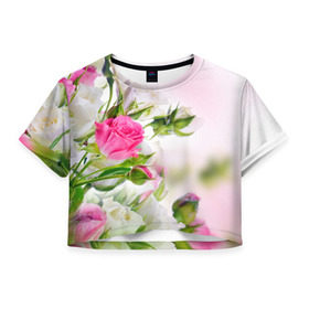 Женская футболка 3D укороченная с принтом Алые розы в Кировске, 100% полиэстер | круглая горловина, длина футболки до линии талии, рукава с отворотами | аромат | букет | вазон | великолепие | краски | красота | куст | нежность | природа | растения | розы | украшение | фауна | цветник | цветы
