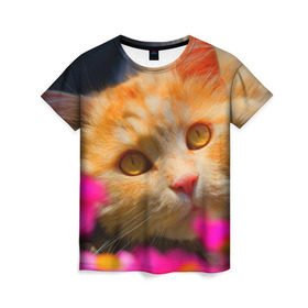 Женская футболка 3D с принтом Кошечка в Кировске, 100% полиэфир ( синтетическое хлопкоподобное полотно) | прямой крой, круглый вырез горловины, длина до линии бедер | животные | кот | кошка | милая | рыжий