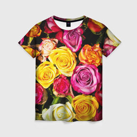 Женская футболка 3D с принтом Букет роз в Кировске, 100% полиэфир ( синтетическое хлопкоподобное полотно) | прямой крой, круглый вырез горловины, длина до линии бедер | жёлтый | красный | лепестки | прикольные картинки | розы | цветочки | цветы