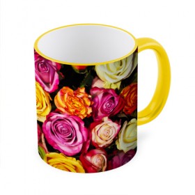 Кружка 3D с принтом Букет роз в Кировске, керамика | ёмкость 330 мл | Тематика изображения на принте: жёлтый | красный | лепестки | прикольные картинки | розы | цветочки | цветы