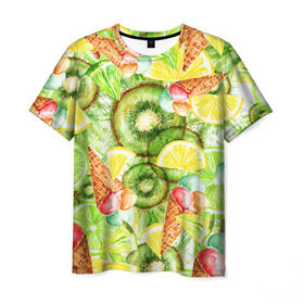 Мужская футболка 3D с принтом Веселые фрукты 2 в Кировске, 100% полиэфир | прямой крой, круглый вырез горловины, длина до линии бедер | апельсин | арбуз | банан | виноград | груша | киви | мороженое | овощи | питание | ппп | правильное | тайланд | фрукт | яблоко