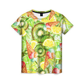 Женская футболка 3D с принтом Веселые фрукты 2 в Кировске, 100% полиэфир ( синтетическое хлопкоподобное полотно) | прямой крой, круглый вырез горловины, длина до линии бедер | апельсин | арбуз | банан | виноград | груша | киви | мороженое | овощи | питание | ппп | правильное | тайланд | фрукт | яблоко