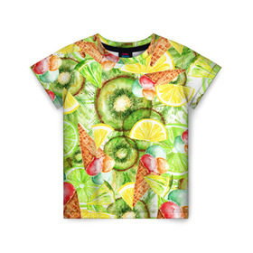 Детская футболка 3D с принтом Веселые фрукты 2 в Кировске, 100% гипоаллергенный полиэфир | прямой крой, круглый вырез горловины, длина до линии бедер, чуть спущенное плечо, ткань немного тянется | апельсин | арбуз | банан | виноград | груша | киви | мороженое | овощи | питание | ппп | правильное | тайланд | фрукт | яблоко