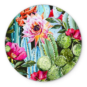 Коврик круглый с принтом Зелень в Кировске, резина и полиэстер | круглая форма, изображение наносится на всю лицевую часть | кактусы | лилия | тропики | цветы