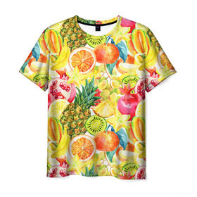 Мужская футболка 3D с принтом Веселые фрукты 1 в Кировске, 100% полиэфир | прямой крой, круглый вырез горловины, длина до линии бедер | апельсин | арбуз | банан | виноград | груша | киви | овощи | питание | ппп | правильное | тайланд | фрукт | яблоко