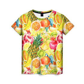 Женская футболка 3D с принтом Веселые фрукты 1 в Кировске, 100% полиэфир ( синтетическое хлопкоподобное полотно) | прямой крой, круглый вырез горловины, длина до линии бедер | апельсин | арбуз | банан | виноград | груша | киви | овощи | питание | ппп | правильное | тайланд | фрукт | яблоко