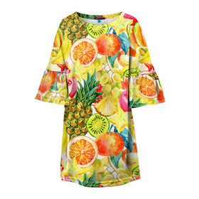 Детское платье 3D с принтом Веселые фрукты 1 в Кировске, 100% полиэстер | прямой силуэт, чуть расширенный к низу. Круглая горловина, на рукавах — воланы | Тематика изображения на принте: апельсин | арбуз | банан | виноград | груша | киви | овощи | питание | ппп | правильное | тайланд | фрукт | яблоко