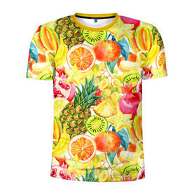 Мужская футболка 3D спортивная с принтом Веселые фрукты 1 в Кировске, 100% полиэстер с улучшенными характеристиками | приталенный силуэт, круглая горловина, широкие плечи, сужается к линии бедра | апельсин | арбуз | банан | виноград | груша | киви | овощи | питание | ппп | правильное | тайланд | фрукт | яблоко