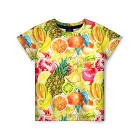 Детская футболка 3D с принтом Веселые фрукты 1 в Кировске, 100% гипоаллергенный полиэфир | прямой крой, круглый вырез горловины, длина до линии бедер, чуть спущенное плечо, ткань немного тянется | апельсин | арбуз | банан | виноград | груша | киви | овощи | питание | ппп | правильное | тайланд | фрукт | яблоко