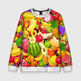 Детский свитшот 3D с принтом Веселые фрукты в Кировске, 100% полиэстер | свободная посадка, прямой крой, мягкая тканевая резинка на рукавах и понизу свитшота | Тематика изображения на принте: апельсин | арбуз | банан | виноград | груша | киви | овощи | питание | ппп | правильное | тайланд | фрукт | яблоко