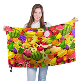 Флаг 3D с принтом Веселые фрукты в Кировске, 100% полиэстер | плотность ткани — 95 г/м2, размер — 67 х 109 см. Принт наносится с одной стороны | апельсин | арбуз | банан | виноград | груша | киви | овощи | питание | ппп | правильное | тайланд | фрукт | яблоко