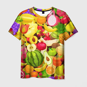 Мужская футболка 3D с принтом Веселые фрукты в Кировске, 100% полиэфир | прямой крой, круглый вырез горловины, длина до линии бедер | апельсин | арбуз | банан | виноград | груша | киви | овощи | питание | ппп | правильное | тайланд | фрукт | яблоко