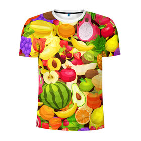 Мужская футболка 3D спортивная с принтом Веселые фрукты в Кировске, 100% полиэстер с улучшенными характеристиками | приталенный силуэт, круглая горловина, широкие плечи, сужается к линии бедра | апельсин | арбуз | банан | виноград | груша | киви | овощи | питание | ппп | правильное | тайланд | фрукт | яблоко