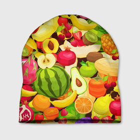 Шапка 3D с принтом Веселые фрукты в Кировске, 100% полиэстер | универсальный размер, печать по всей поверхности изделия | апельсин | арбуз | банан | виноград | груша | киви | овощи | питание | ппп | правильное | тайланд | фрукт | яблоко
