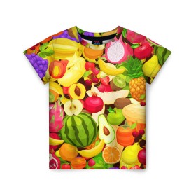 Детская футболка 3D с принтом Веселые фрукты в Кировске, 100% гипоаллергенный полиэфир | прямой крой, круглый вырез горловины, длина до линии бедер, чуть спущенное плечо, ткань немного тянется | апельсин | арбуз | банан | виноград | груша | киви | овощи | питание | ппп | правильное | тайланд | фрукт | яблоко