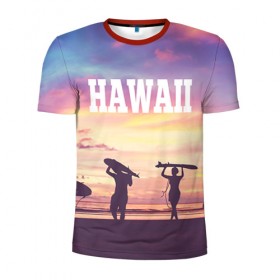 Мужская футболка 3D спортивная с принтом HAWAII 3 в Кировске, 100% полиэстер с улучшенными характеристиками | приталенный силуэт, круглая горловина, широкие плечи, сужается к линии бедра | Тематика изображения на принте: hawaii | гаваи | лето | океан | отдых | пальмы | пляж | серф